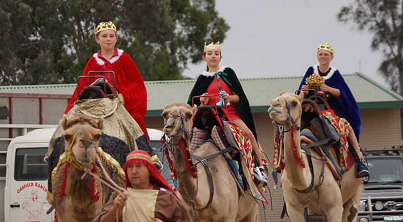 Students riding camels for a Christmas liturgy at Our Lady of the Angels Primary School Rouse Hill