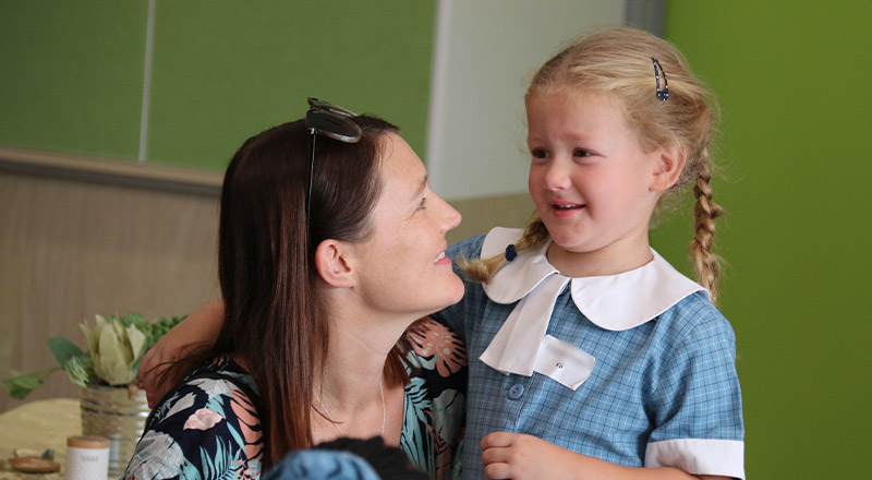 Student with her mum at Our Lady of the Angels Primary School Rouse Hill