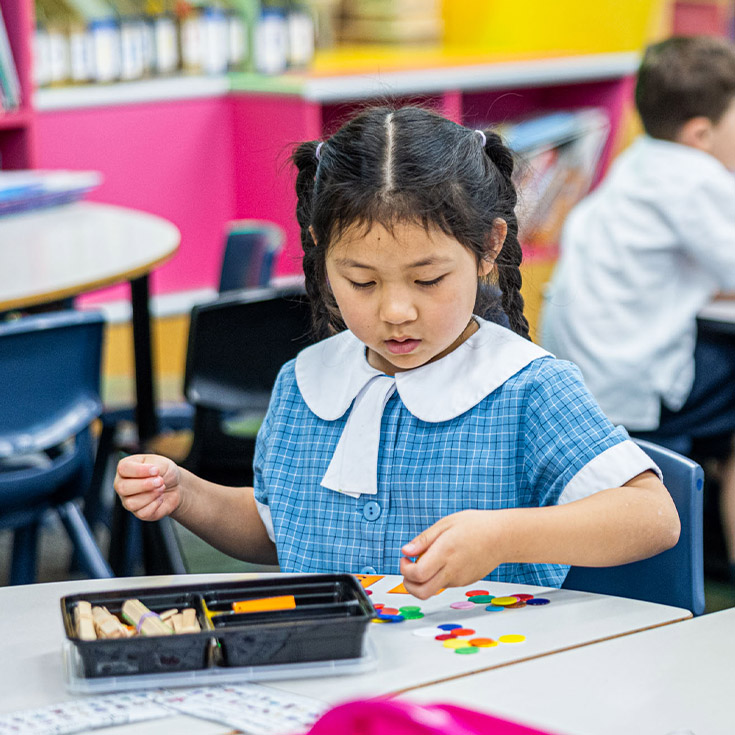 Student using counters to learn about numeracy at Our Lady of the Angels Primary School Rouse Hill