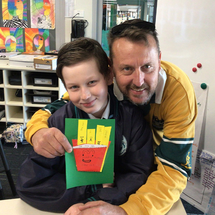 Student with his dad at Our Lady of the Angels Primary School Rouse Hill