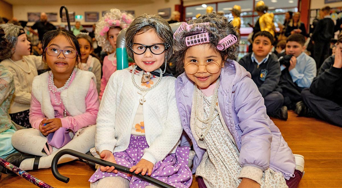 Photo of kindergarten students dressed as 100 year olds, to mark 100 days of school